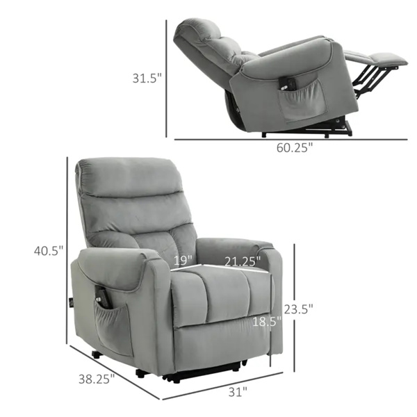 灰色天鹅绒躺椅，动力升降椅，振动按摩，遥控-3