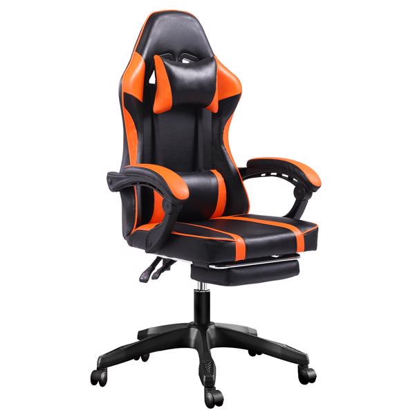 带脚踏板的人体工学游戏椅，适合体重较重人士使用的舒适电脑椅，可调节腰靠背办公椅，带 360° 旋转座椅，成人用 PU 皮革游戏椅，橙色-2