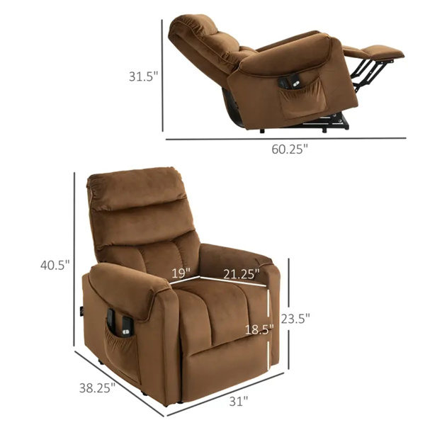 棕色灰色天鹅绒躺椅，动力升降椅，振动按摩，遥控-7