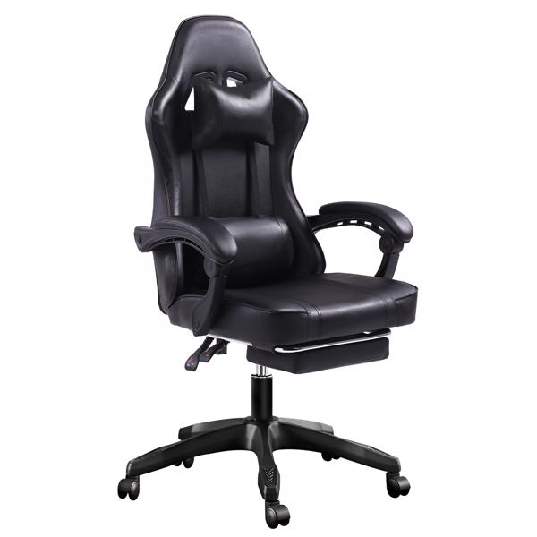 带脚踏板的人体工学游戏椅，适合体重较重人士使用的舒适电脑椅，可调节腰靠背办公椅，带 360° 旋转座椅，成人用 PU 皮革游戏椅，黑色-2