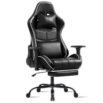 成人电脑游戏椅，适合体重较重人士使用的人体工学电脑椅，可调节腰靠背办公桌椅（带脚踏板），360° 旋转座椅 PU 皮革游戏椅，黑色
