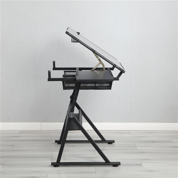 黑色可调节钢化玻璃绘图印刷桌带椅子-5