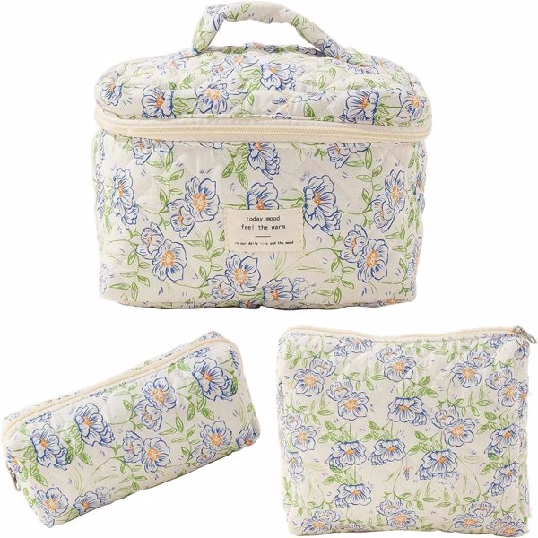 女士化妆袋（3件套）可爱的花卉化妆包，组织储物化妆包，旅行洗漱袋，手提包钱包-1