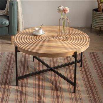 33 英寸现代螺纹设计圆形咖啡桌，MDF 桌面，带交叉腿金属底座