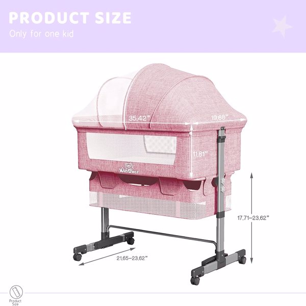 3合1床边婴儿床，可调节的便携式婴儿/婴儿/新生儿床，配有蚊帐，大收纳袋，舒适的床垫，可锁轮，粉色-2
