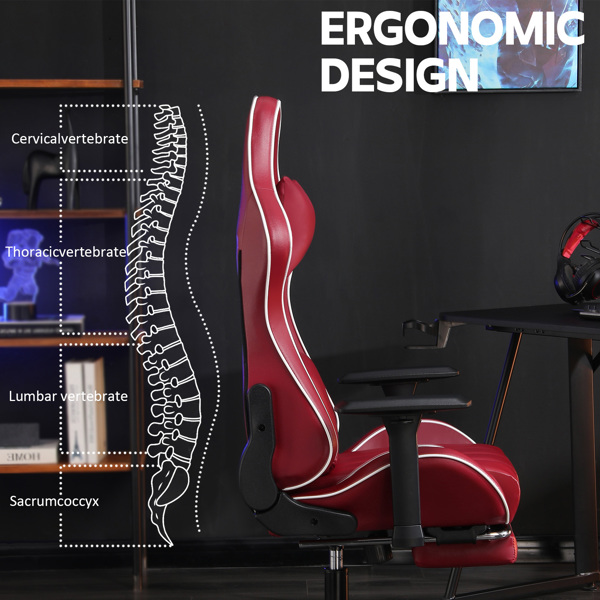 成人电脑游戏椅，适合体重较重人士使用的人体工学电脑椅，可调节腰靠背办公桌椅（带脚踏板），360° 旋转座椅 PU 皮革游戏椅，酒红-2