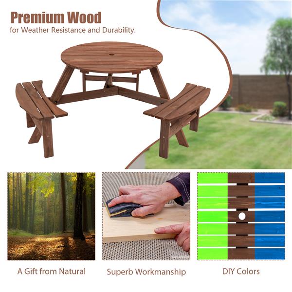 6 人圆形户外木制野餐桌，适用于露台、后院、花园、DIY，带 3 个内置长凳，容量 1720 磅 - 棕色-5