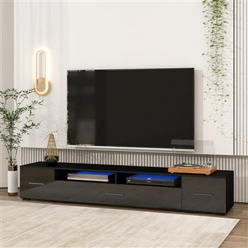 扩展型简约设计电视架，带变色 LED 灯，现代通用娱乐中心，高光泽电视柜，适用于 90 英寸以上的电视，黑色