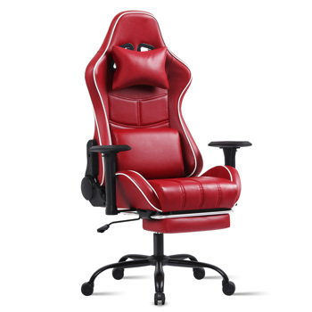成人电脑游戏椅，适合体重较重人士使用的人体工学电脑椅，可调节腰靠背办公桌椅（带脚踏板），360° 旋转座椅 PU 皮革游戏椅，酒红