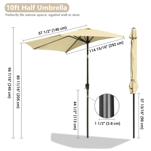 10 ft 半圆户外天井市场墙伞（带倾斜按钮），户外天井半伞倾斜系统金属框架遮阳伞-8