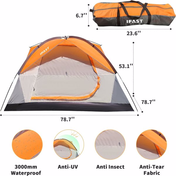 2/6家庭露营帐篷，户外双层防水防风，顶部屋顶防雨和大网窗，便携式易于设置的露营装备，携带包，适用于所有季节-2