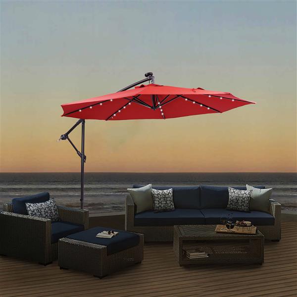 10 英尺太阳能 LED 露台户外遮阳伞悬挂式悬臂遮阳伞偏置遮阳伞易于打开调节，配有 32 个 LED 灯-7