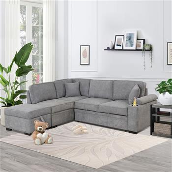 87.4 英寸卧铺沙发床，2 合 1 拉出式沙发床 L 形沙发，带储物脚凳，适用于客厅、卧室沙发和小公寓，灰色