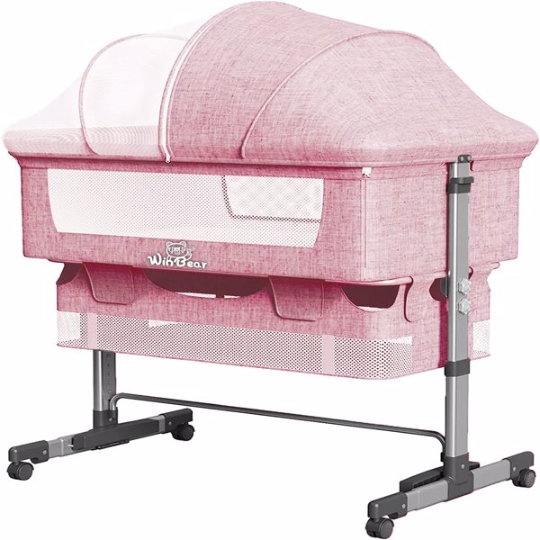 3合1床边婴儿床，可调节的便携式婴儿/婴儿/新生儿床，配有蚊帐，大收纳袋，舒适的床垫，可锁轮，粉色-1