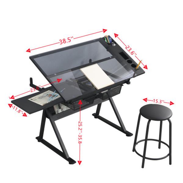 黑色可调节钢化玻璃绘图印刷桌带椅子-16