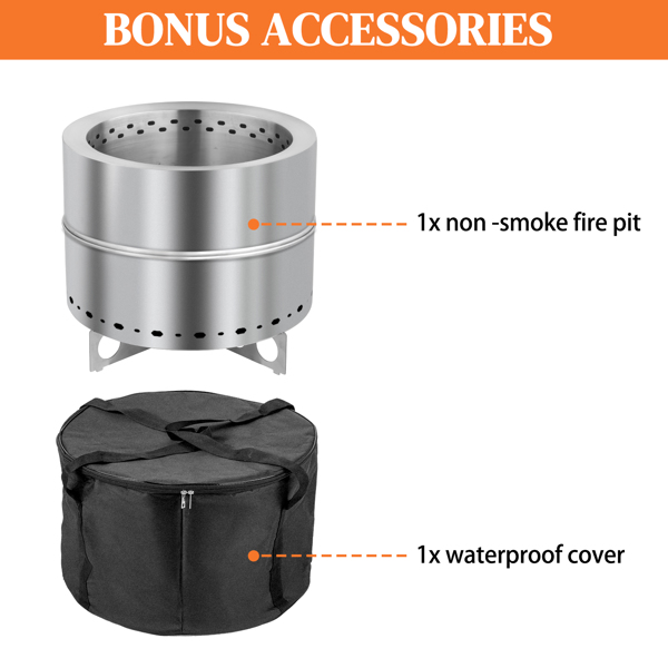 19.3*19.3*16.7in 圆柱形 一体宽边式 烧柴火盆 不锈钢 银色 无烟炉 带提手 带十字底座 带收纳袋-9