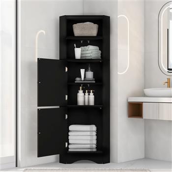 高浴室角柜，独立式储物柜，带门和可调节搁板，MDF 板，黑色