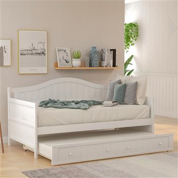 带滚轮床的双人木制沙发床、沙发床，适用于卧室客厅，白色