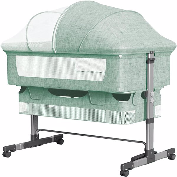 3合1床边婴儿床，可调节的便携式婴儿/婴儿/新生儿床，配有蚊帐，大收纳袋，舒适的床垫，可锁轮，绿色-1