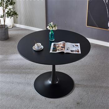 42.1 英寸黑色郁金香桌中世纪餐桌，适合 4-6 人使用，配有圆形 MDF 桌面、底座餐桌、边桌休闲咖啡桌