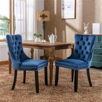 现代高端簇绒实木当代天鹅绒软垫餐椅，带木腿钉头饰边 2 件套，蓝色，SW2001BL