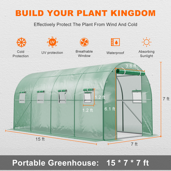 户外温室 15x7x7FT 升级版大型温室（适用于绿色花园植物）/ 重型镀锌钢架便携式步入式隧道帐篷-3