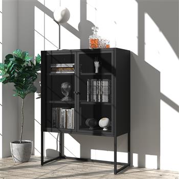 带门的黑色储物柜，现代黑色装饰柜，独立式橱柜，适用于卧室、厨房、家庭办公室的餐柜