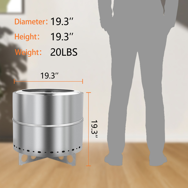 19.3*19.3*19.3in 圆柱形 分体式 烧柴火盆 不锈钢 银色 无烟炉 带提手 带十字底座 带聚火盘 带收纳袋-2