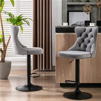家具，旋转天鹅绒吧椅，可调节座椅高度 25-33 英寸，17.7 英寸底座，现代软垫吧椅，带靠背，舒适簇绒，适用于家庭酒吧和厨房岛，灰色，2 件套