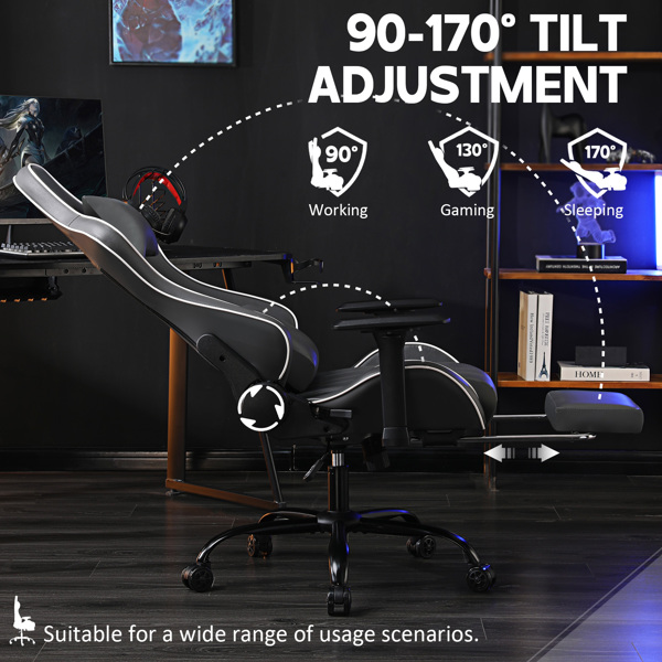 成人电脑游戏椅，适合体重较重人士使用的人体工学电脑椅，可调节腰靠背办公桌椅（带脚踏板），360° 旋转座椅 PU 皮革游戏椅，深灰-3