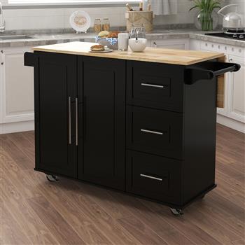厨房岛带调料架、毛巾架和可伸缩实木桌面-黑色