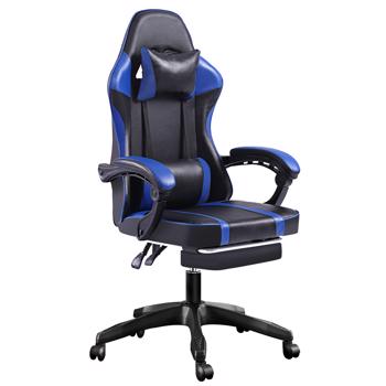 带脚踏板的人体工学游戏椅，适合体重较重人士使用的舒适电脑椅，可调节腰靠背办公椅，带 360° 旋转座椅，成人用 PU 皮革游戏椅，蓝色