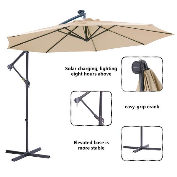 10 英尺太阳能 LED 露台户外遮阳伞悬挂式悬臂遮阳伞偏置遮阳伞易于打开调节带 32 个 LED 灯 - 棕褐色-5