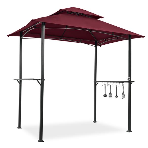 户外烧烤凉亭 8 x 5 英尺，遮蔽帐篷，双层软顶天篷和钢架，带挂钩和吧台，酒红色-1