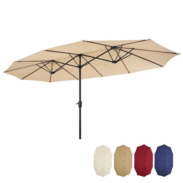 15x9 英尺大型双面矩形户外双露台市场遮阳伞带曲柄-棕褐色-1