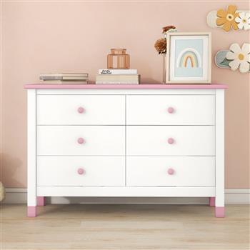 带 6 个抽屉的木制储物柜，儿童卧室储物柜，白色+粉色