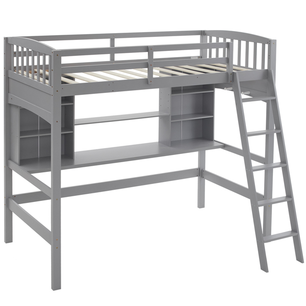 高架床 带层架 带书桌 斜梯 灰色 twin 木床松木 刨花板-2