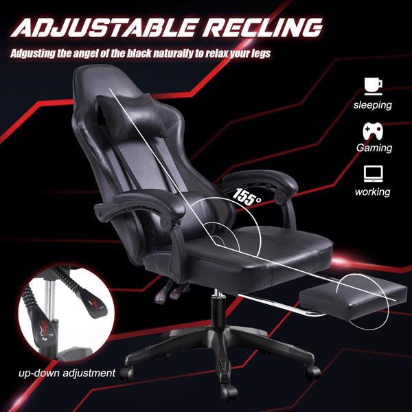 带脚踏板的人体工学游戏椅，适合体重较重人士使用的舒适电脑椅，可调节腰靠背办公椅，带 360° 旋转座椅，成人用 PU 皮革游戏椅，黑色-3