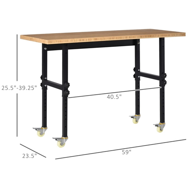 59“带轮子的车库工作台，高度可调节腿，竹桌面工作站工具桌-3