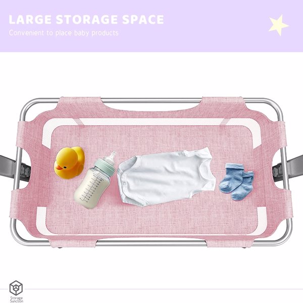 3合1床边婴儿床，可调节的便携式婴儿/婴儿/新生儿床，配有蚊帐，大收纳袋，舒适的床垫，可锁轮，粉色-5