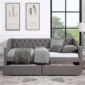 带两个抽屉的软垫双人沙发床，木质板条支撑，灰色