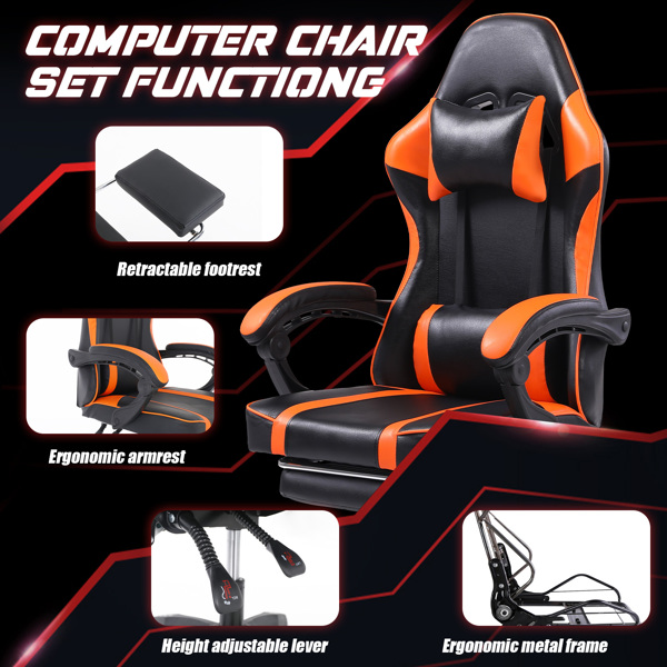 带脚踏板的人体工学游戏椅，适合体重较重人士使用的舒适电脑椅，可调节腰靠背办公椅，带 360° 旋转座椅，成人用 PU 皮革游戏椅，橙色-5