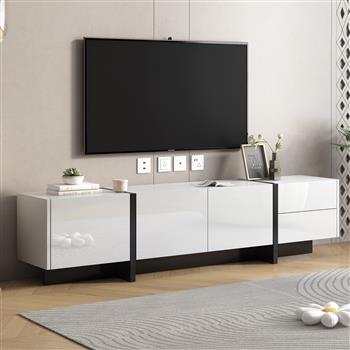 [提供视频] 时尚白色和黑色现代矩形设计电视柜，独特风格的电视控制台桌，可容纳最大 80 英寸的电视，现代电视柜带有高光泽 UV 表面，适用于客厅。