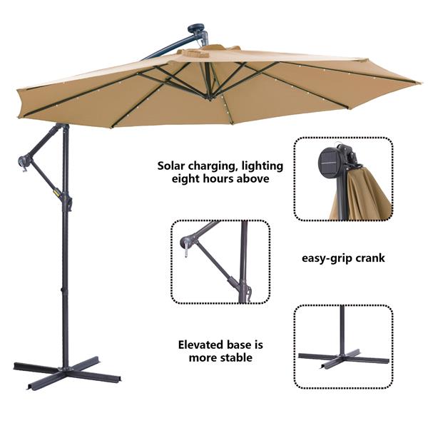 10 英尺太阳能 LED 露台户外遮阳伞悬挂式悬臂遮阳伞偏置遮阳伞易于打开调节带 32 个 LED 灯 - 灰褐色-12