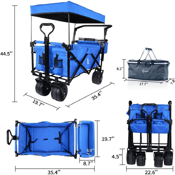 可折叠推车折叠推车(顶棚+后推杆+后尾框+冰包)-蓝色马车重型折叠马车推车可拆卸的天篷，4英寸宽大全地形车轮，制动器，可调节手柄，冰包袋实用手推车户外花园马车推车沙滩车AMZ禁售-2