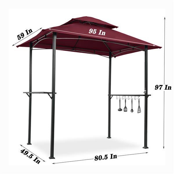 户外烧烤凉亭 8 x 5 英尺，遮蔽帐篷，双层软顶天篷和钢架，带挂钩和吧台，酒红色-5