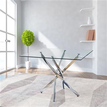 现代方形透明钢化玻璃餐桌，配银色饰面不锈钢桌腿