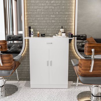 理发柜储物站，独立式美容美发站，用于沙龙理发师公用设施，带支架的造型沙龙水疗设备，带抽屉和柜子（白色）