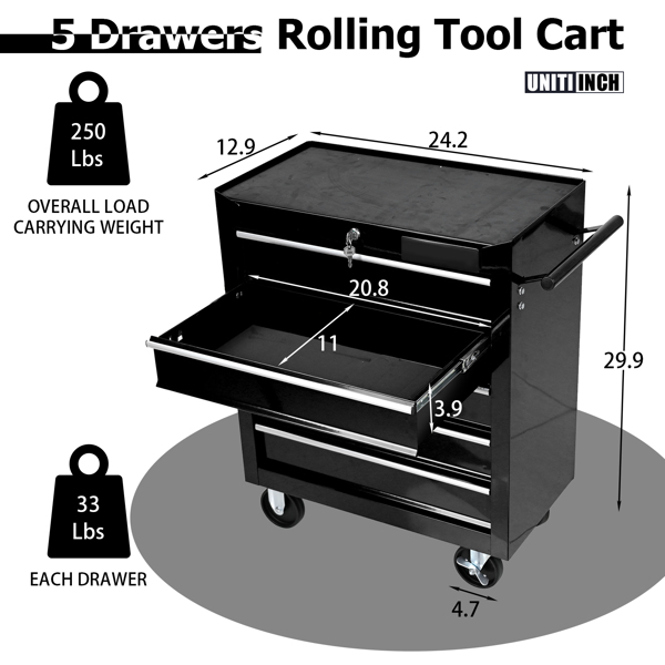 5 抽屉滚动工具箱，带轮子的便携式收纳工具箱，适用于车库、仓库、车间、维修店的工具箱和橱柜（黑色）-5
