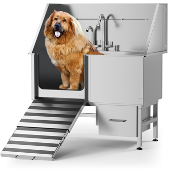 专业不锈钢洗狗台-带坡道、储物抽屉、地栅和水龙头的洗狗盆/大、中、小宠物用洗狗盆-家用洗狗台（50\\'\\'）
